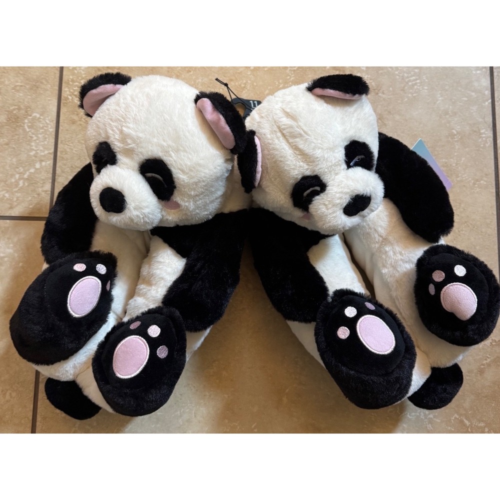Feetmoji Panda Slippers Women 11-12 Black White Plush Animal Faux‎ Fur NEW